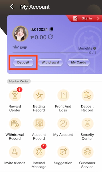 Step 1: Please access the My Account section and select "Deposit".