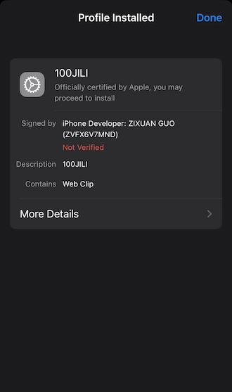 Step 4: Continue pressing “Done” to complete the installation of 100JILI’s profile.