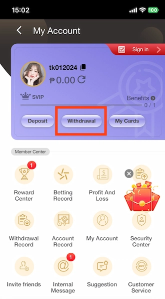 Step 1: 100JILI login and continue to select "Withdrawal".