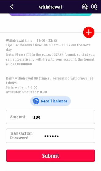 Fill in the amount you want to withdraw and enter the correct transaction password.