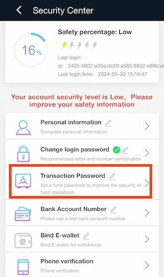 Step 1: In the Security Center section, select Transaction Password.